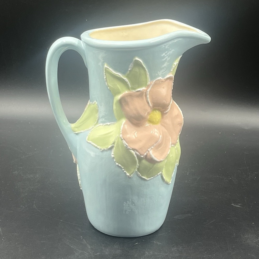 Holland‎ Mold 1974 Ceramic Pitcher Vase Flower  Leaves Vtg. Blue/Pink White 8"